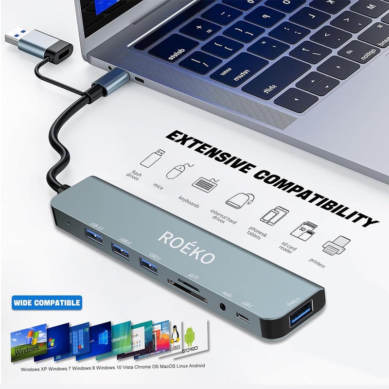 ROKO USB Hub,USB C hub multiport Adapter, USB Splitter with 1xUSB 3.0,4xUSB2.0,2 x USB C,USB c hub for MacBook Pro/PC/Laptop/Tablet Devices (Grey 8 in1) - Image 3